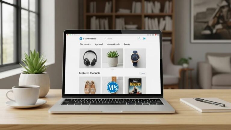 Blog 9 Modern e-commerce store setup on a laptop showcasing vibrant online shopping interface