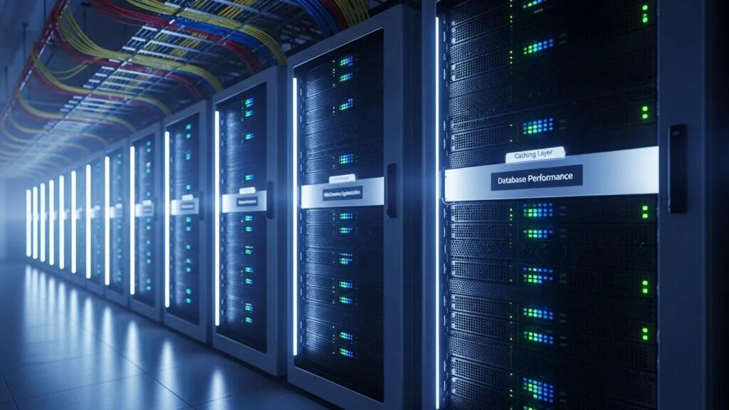 Modern server room illustrating server-side optimizations for WooCommerce performance