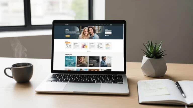 Blog 7 Modern web design workspace with a laptop displaying a responsive website, emphasizing innovation and creativity in web design trends.