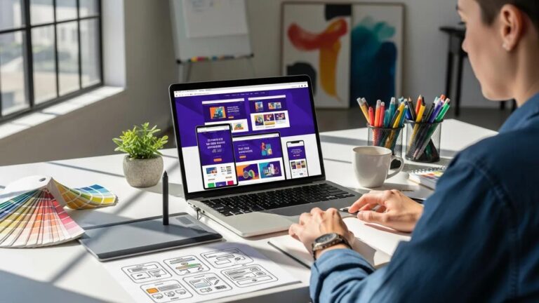 Blog 6 Modern workspace with a designer creating responsive web design on a laptop