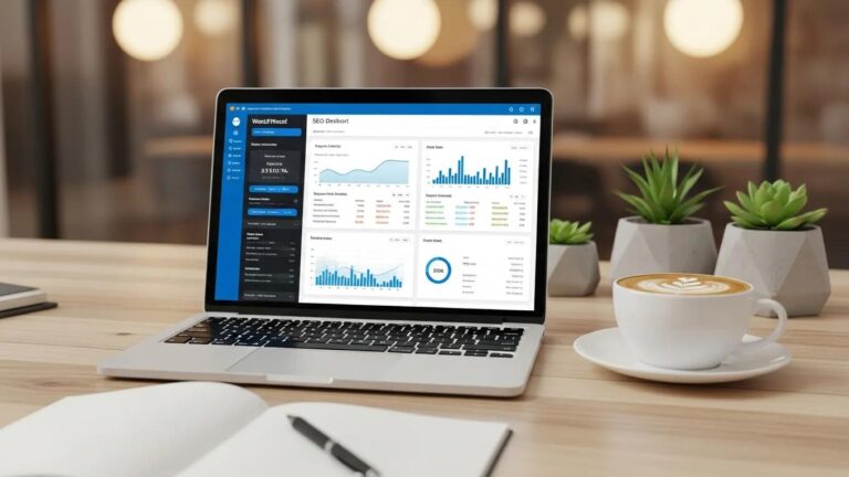 Blog 7 Modern workspace with a laptop showing WordPress SEO dashboard and productivity elements