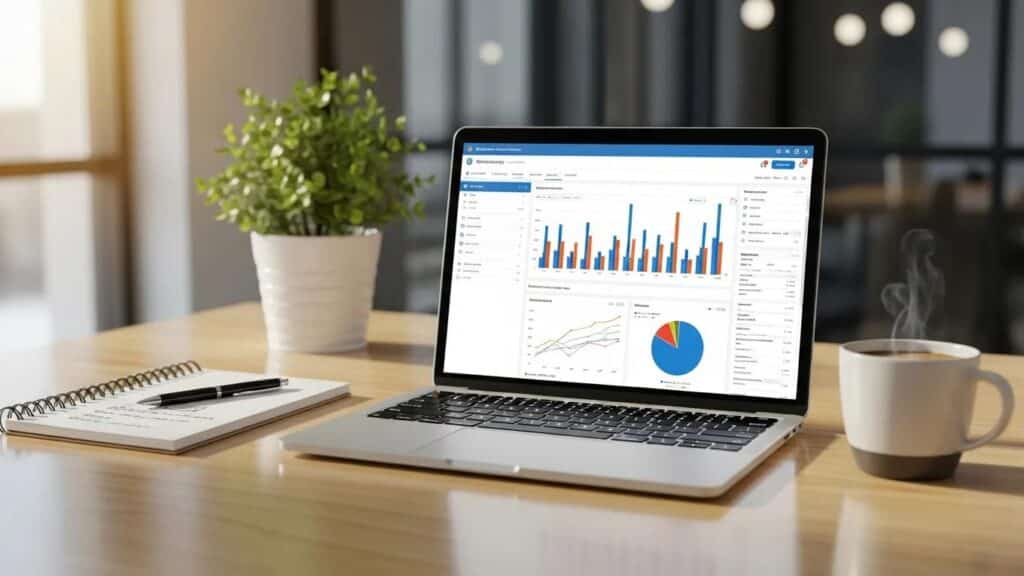 Modern workspace with a laptop showing WordPress SEO plugin dashboard