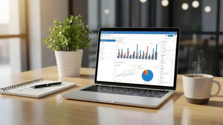 Blog 8 Modern workspace with a laptop showing WordPress SEO plugin dashboard
