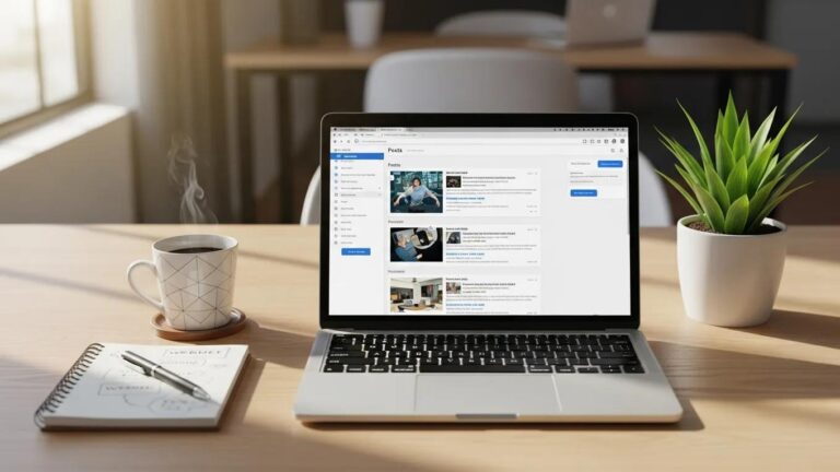 Blog 5 Modern workspace with laptop showing WordPress dashboard and productivity elements