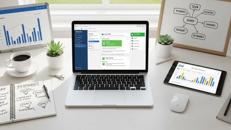 Blog 3 Modern workspace with laptop showing WordPress dashboard and SEO elements