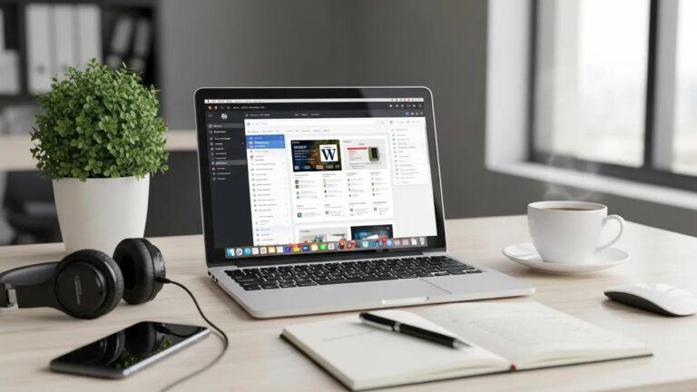Blog 3 Modern workspace with laptop showing WordPress dashboard, coffee cup, and notepad