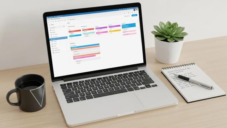 Blog 3 Modern workspace with WordPress dashboard on laptop, enhancing website management