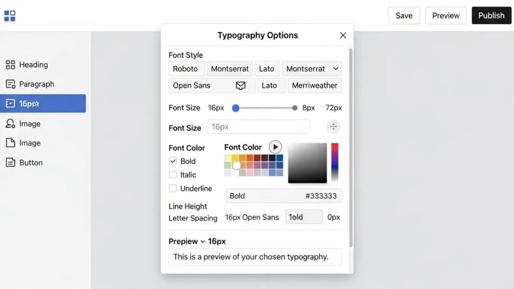Page builder drag-and-drop interface with dynamic typography options