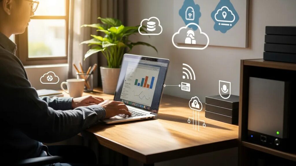 Person working on a laptop in a home office, symbolizing WordPress site backup and data protection
