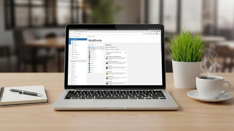 Blog 6 Professional workspace with a laptop showing WordPress dashboard, enhancing multisite management theme