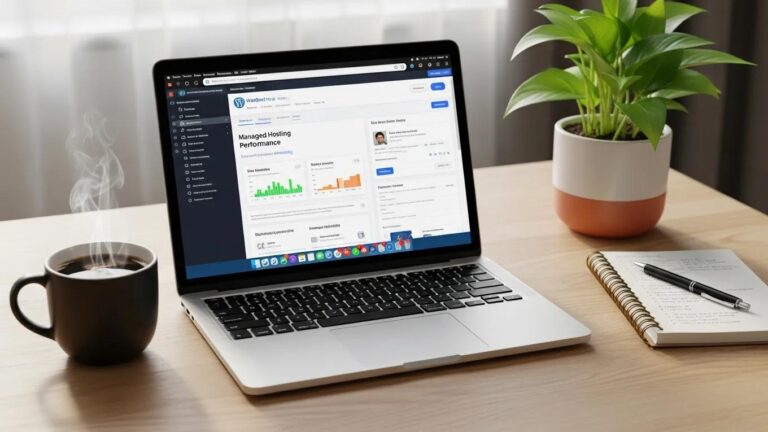 Blog 1 Professional workspace with a laptop showing WordPress dashboard, symbolizing managed hosting benefits