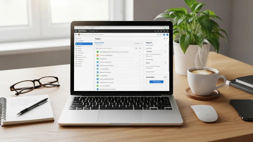 Professional workspace with WordPress dashboard on laptop, emphasizing plugin maintenance