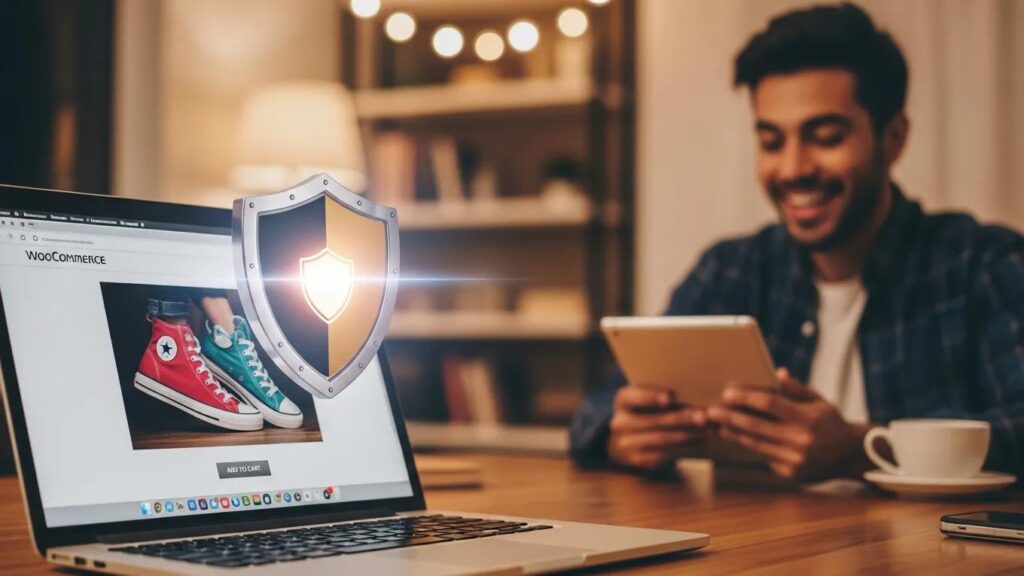 Secure online shopping environment with WooCommerce interface and security shield