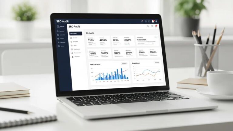 Blog 6 SEO audit dashboard on a laptop screen in a professional workspace