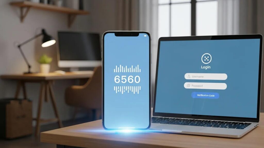 Smartphone with two-factor authentication code next to a laptop login screen