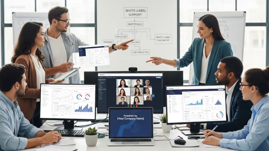 Support team collaborating on white-label maintenance strategies