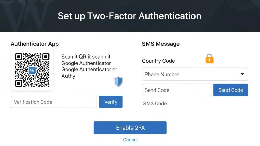 Two-factor authentication setup screen for enhancing WordPress login security