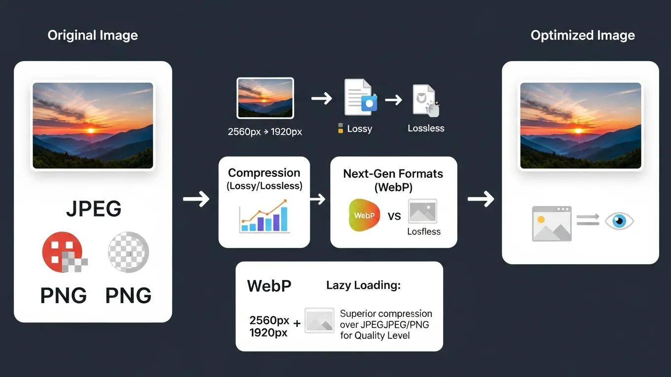 Visual representation of image optimization techniques for WordPress, highlighting formats and compression methods