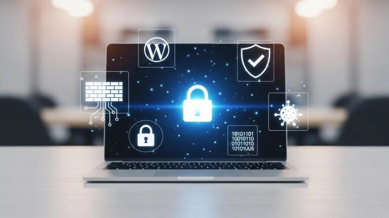 Visual representation of WordPress site security with a laptop and digital security icons