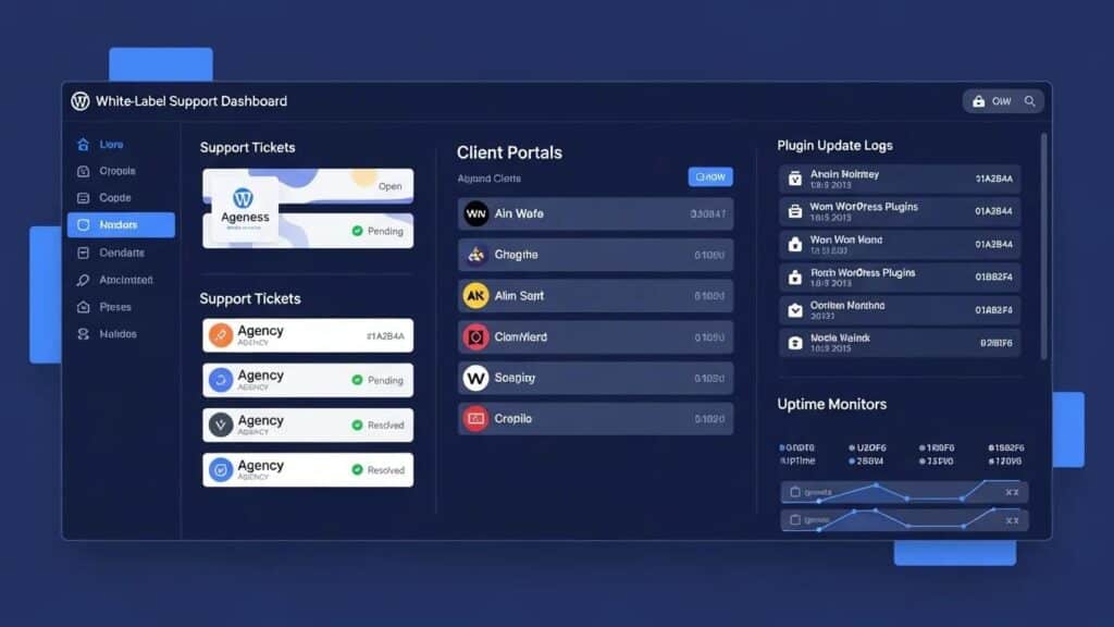 White label WordPress support dashboard illustrating agency client portals and support features