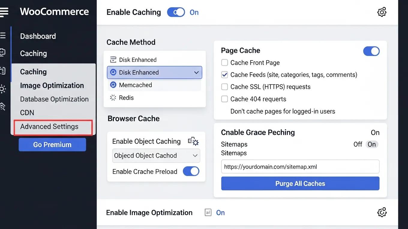 WooCommerce caching and image optimization configuration interface for speed enhancement