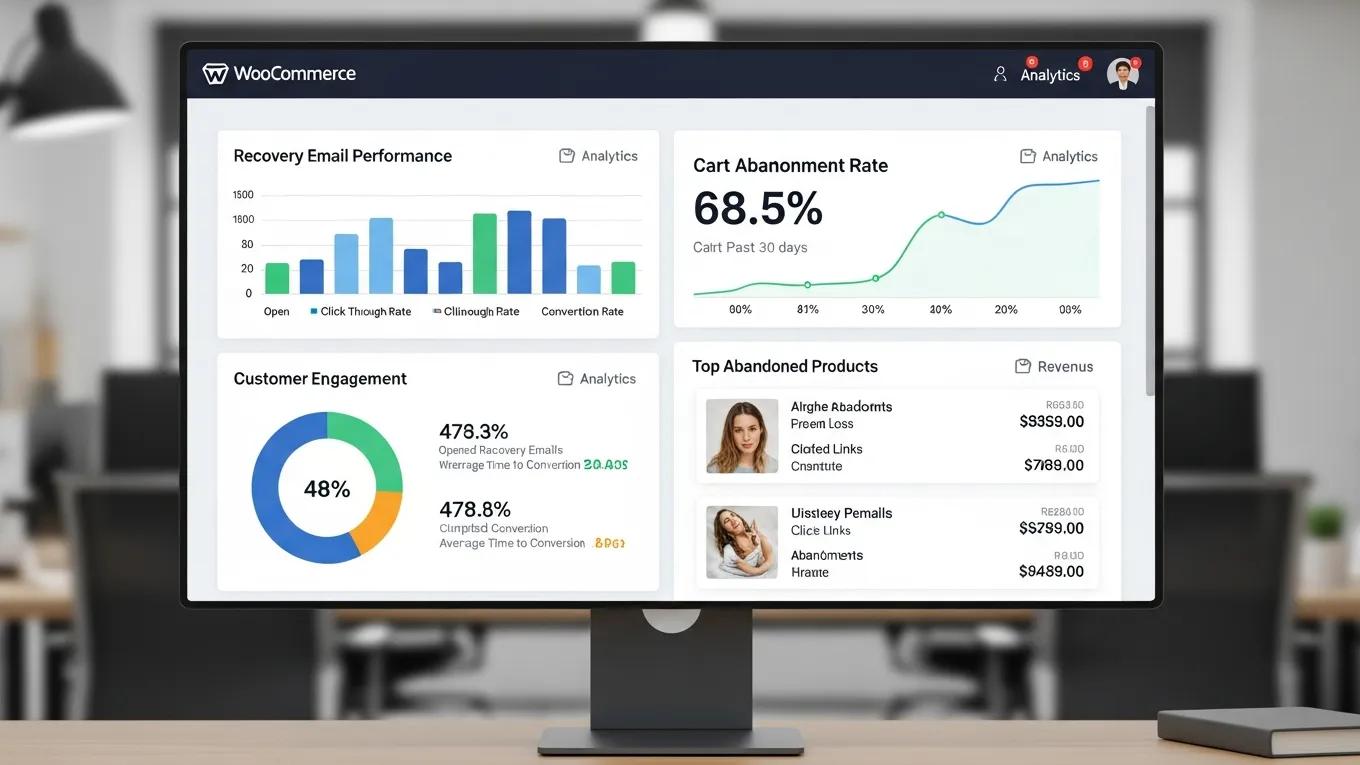WooCommerce BFCM Optimization: 10 Essential Tips 2 WooCommerce cart abandonment recovery analytics panel displaying metrics and strategies for improving sales