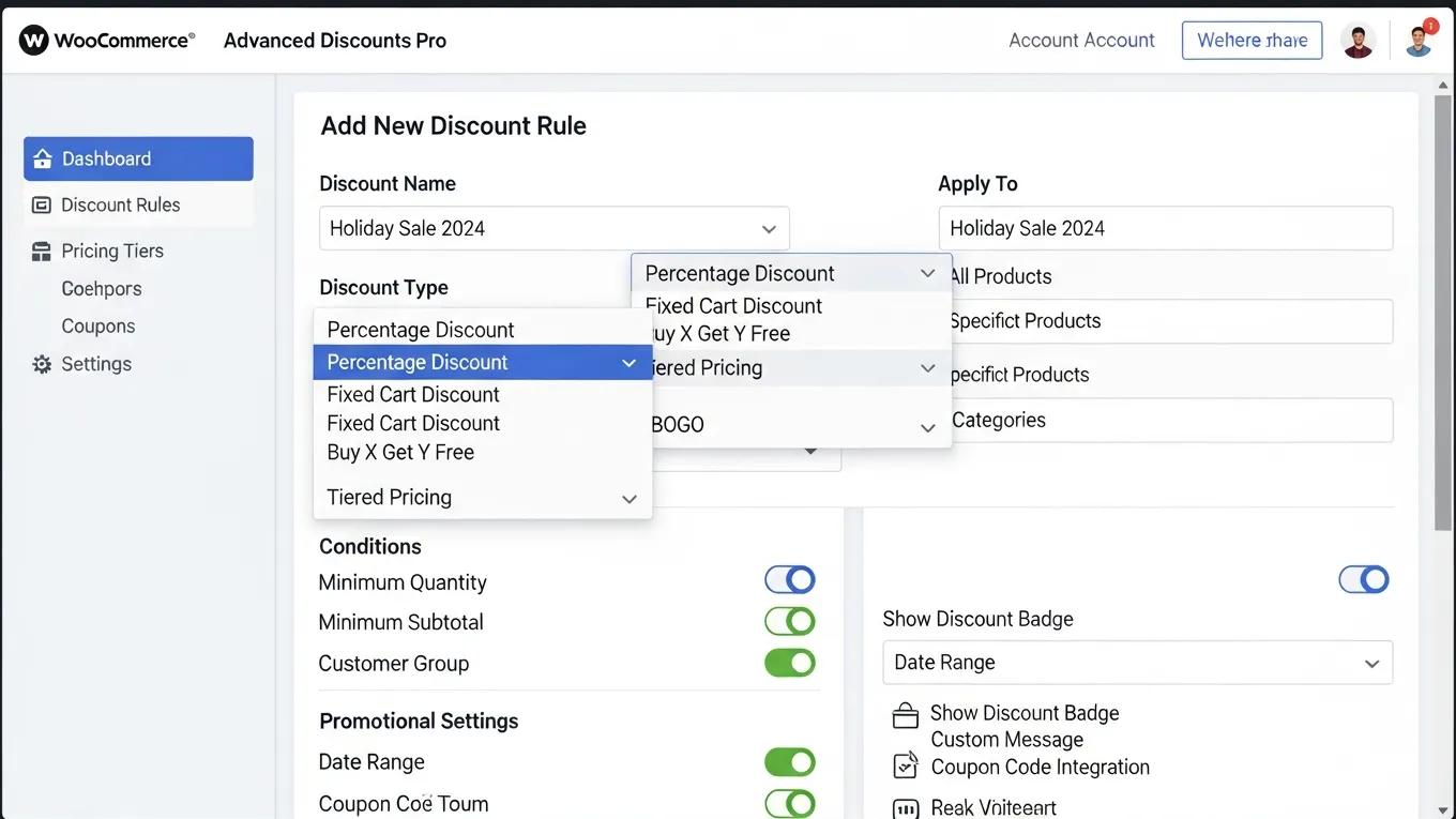 WooCommerce BFCM Optimization: 10 Essential Tips 1 WooCommerce discount strategy interface showcasing various promotional options for BFCM sales