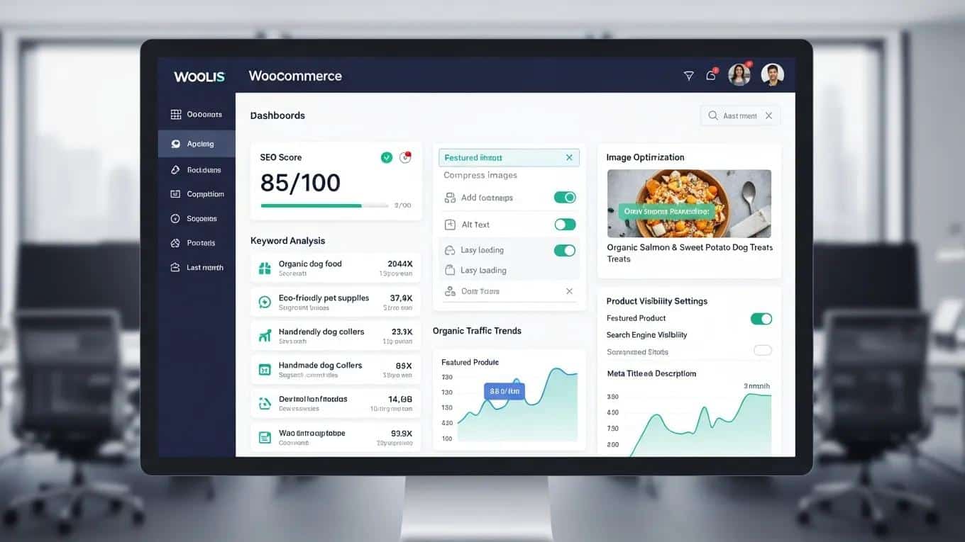 WooCommerce Store Optimization: 7 Proven Tips for Growth 1 WooCommerce SEO and product page optimization interface highlighting key metrics and tools