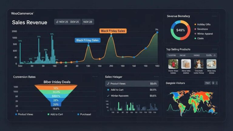 Blog 3 WooCommerce store performance dashboard highlighting holiday sales metrics and traffic analytics