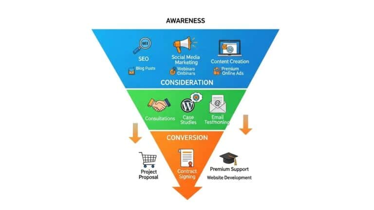 Blog 2 WordPress client acquisition funnel illustrating lead generation stages