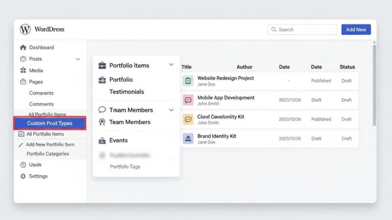 Blog 9 WordPress dashboard highlighting custom post types for enhanced website functionality