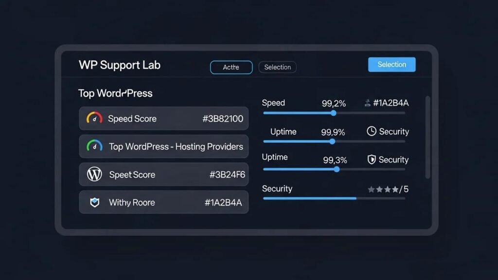 WordPress hosting comparison dashboard showcasing speed scores, uptime percentages, and security ratings