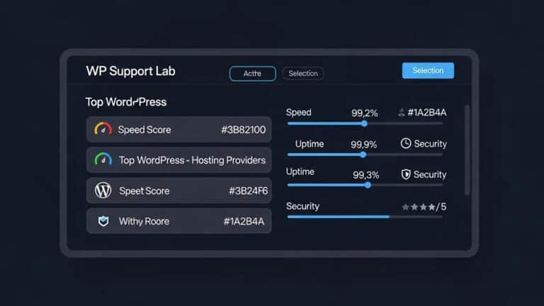 Blog 3 WordPress hosting comparison dashboard showcasing speed scores, uptime percentages, and security ratings