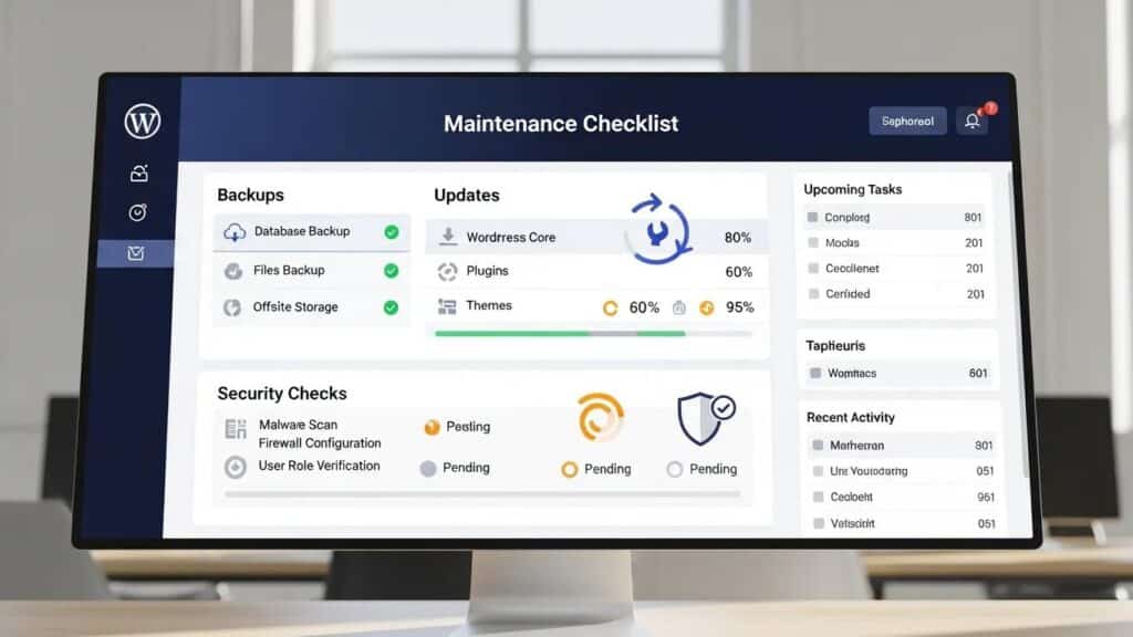 WordPress maintenance checklist dashboard overview highlighting essential tasks
