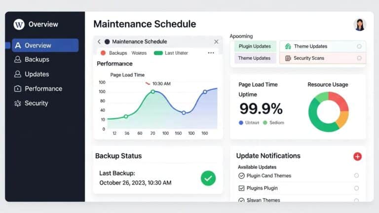 Blog 7 WordPress maintenance dashboard displaying backup and update statuses