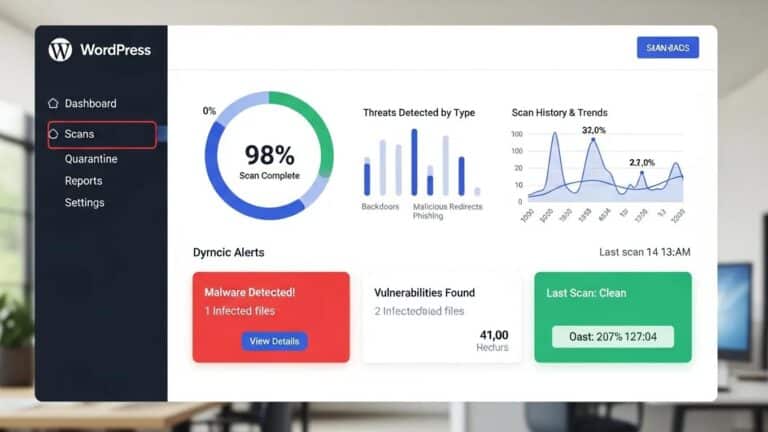 Blog 1 WordPress malware scan results dashboard showcasing security alerts and performance metrics