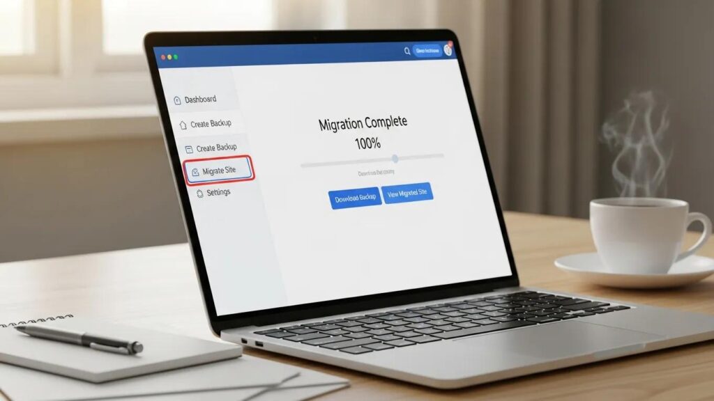 WordPress migration plugin interface displayed on a laptop, emphasizing ease of website migration