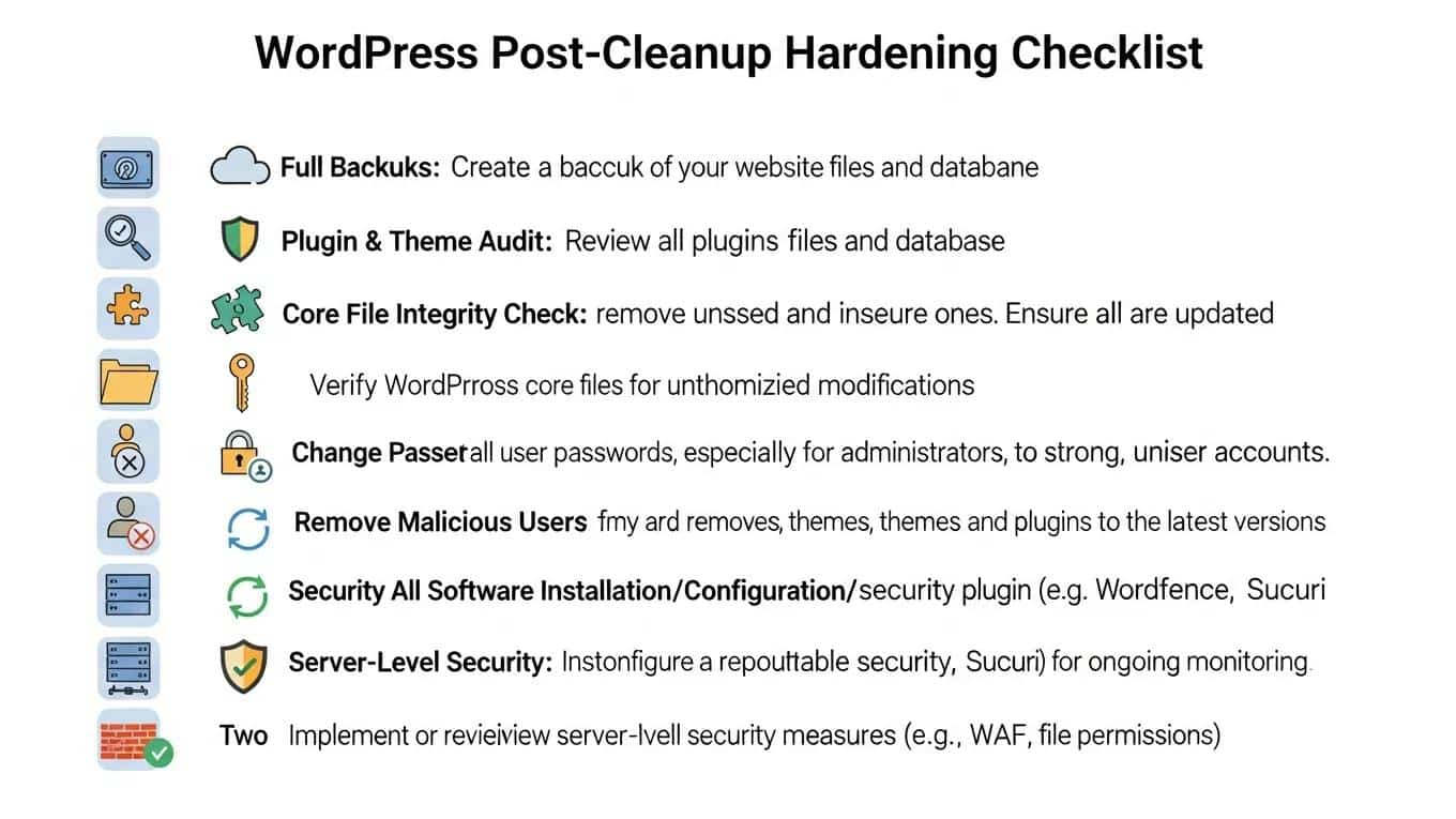 Securing Your WordPress Site Against Malware 2 WordPress post-cleanup security hardening checklist outlining essential steps for enhanced protection