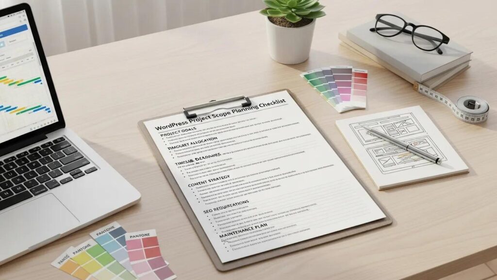 WordPress project scope planning checklist highlighting budget and timeline considerations
