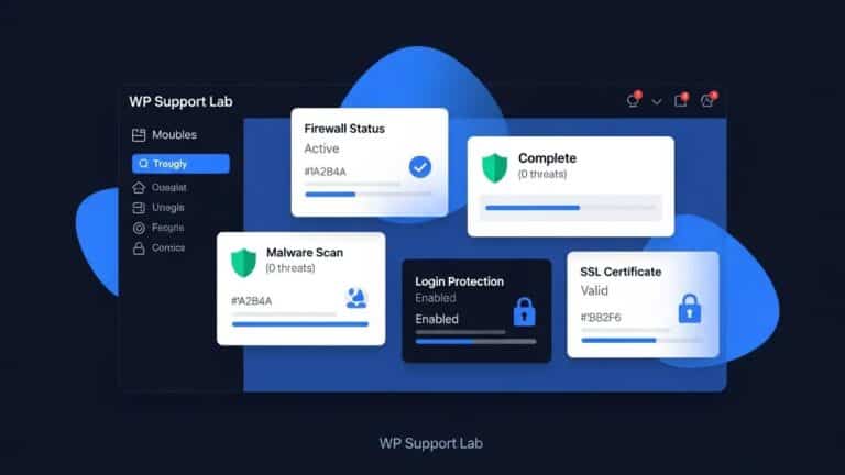 Blog 6 WordPress security command center with active firewall, completed malware scan, and login protection enabled