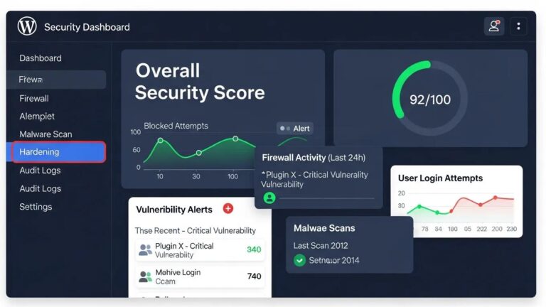 Blog 4 WordPress security dashboard displaying key metrics and alerts for site protection