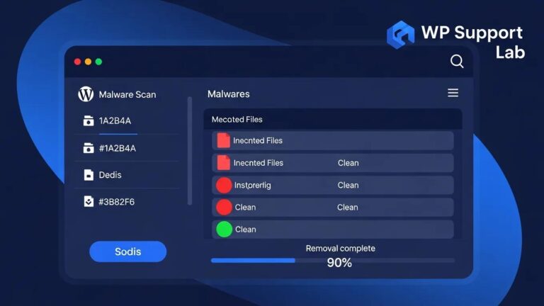 Blog 9 WordPress security dashboard illustrating malware scan progress with infected and clean file indicators