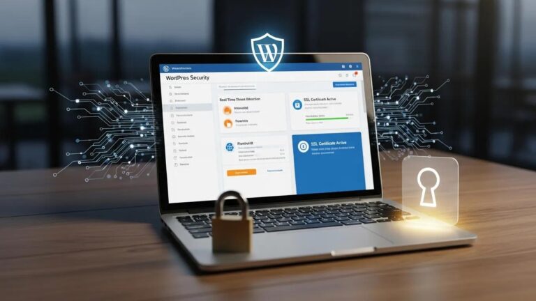 Blog 8 WordPress security dashboard with cybersecurity elements