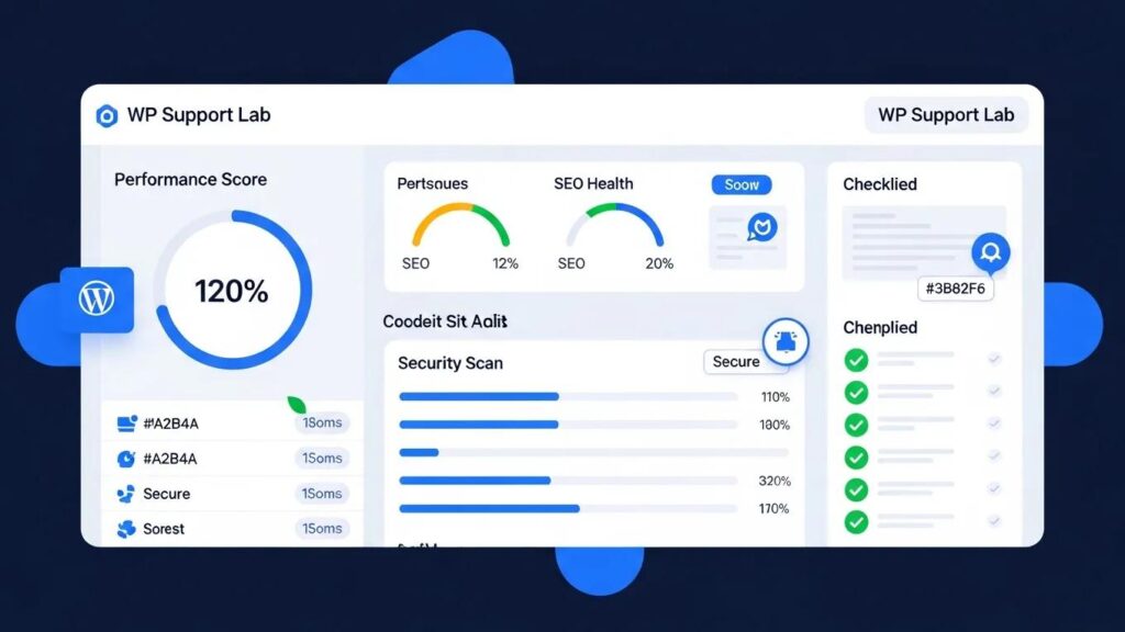 WordPress site audit dashboard showcasing performance metrics and security results