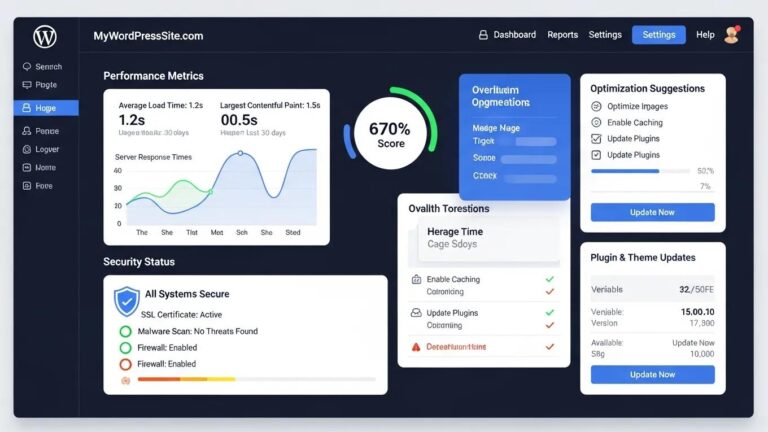 Blog 9 WordPress site health check dashboard displaying performance metrics and optimization suggestions