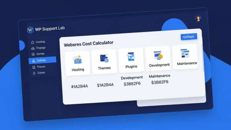 Blog 2 WordPress website cost calculator dashboard illustrating itemized expenses for hosting, themes, plugins, development, and maintenance