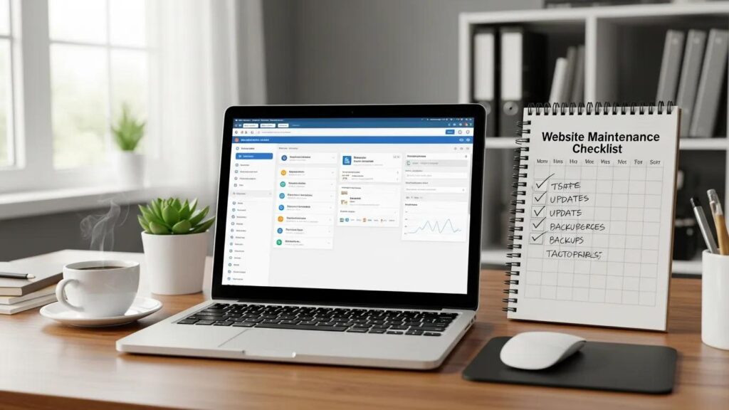 Workspace with laptop showing WordPress dashboard and maintenance tools, emphasizing website upkeep