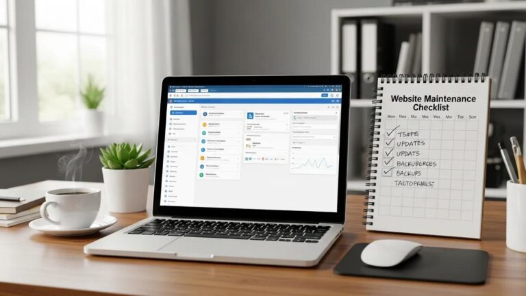 Blog 4 Workspace with laptop showing WordPress dashboard and maintenance tools, emphasizing website upkeep