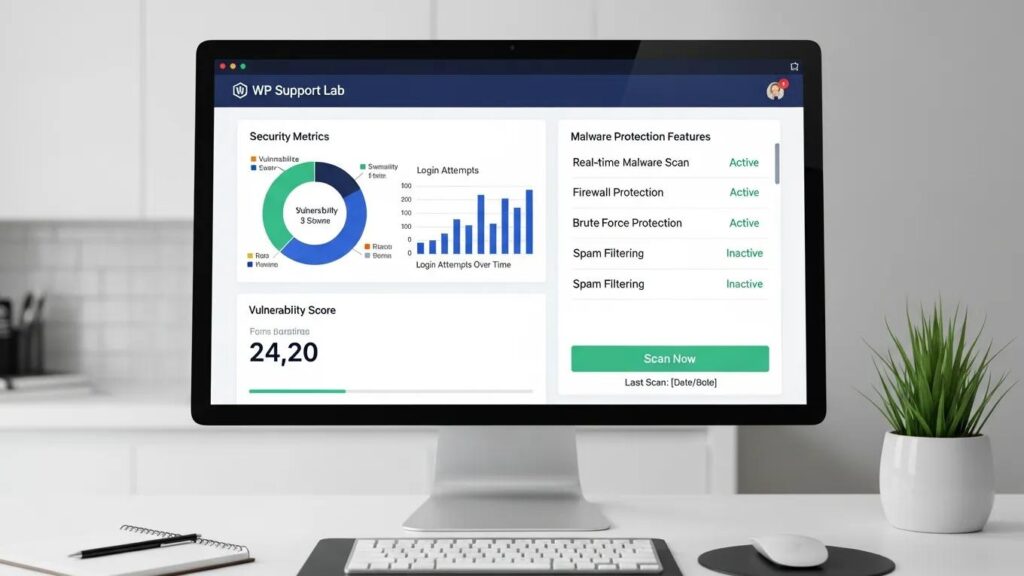 WP Support Lab security audit panel displaying metrics and malware protection features