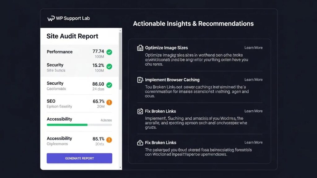 WP Support Lab site audit report and recommendations panel
